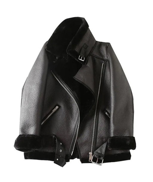 Blouson Aviateur Cuir Noir Femme solde